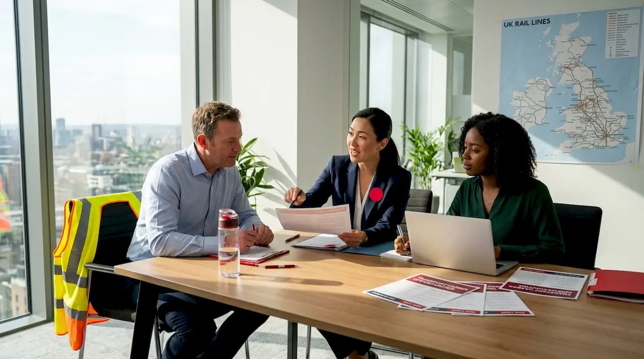 Transport professionals networking at office table