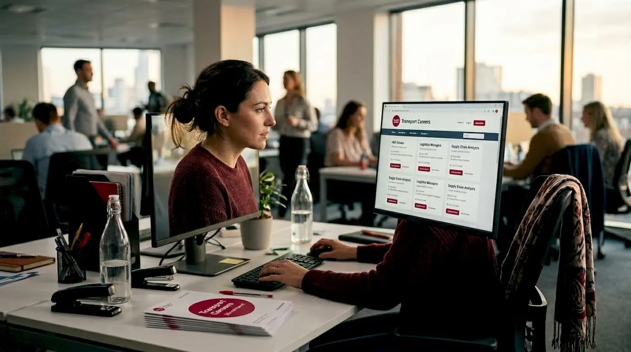 Woman searching transport jobs on office computer