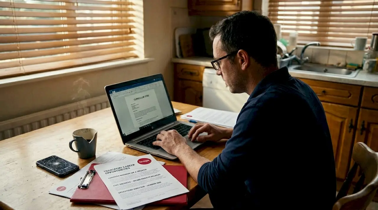 Man updating CV for transport jobs at kitchen table