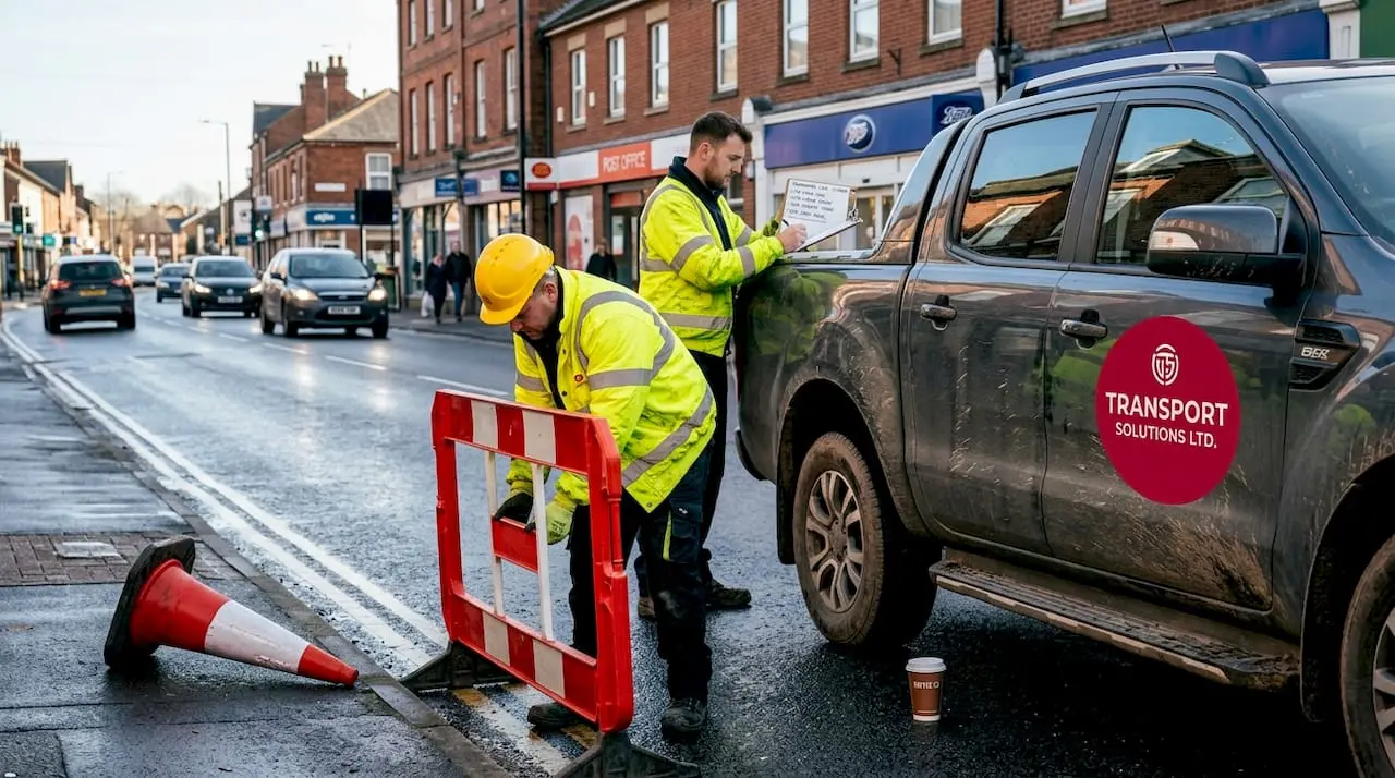 Traffic operatives position signs on UK street