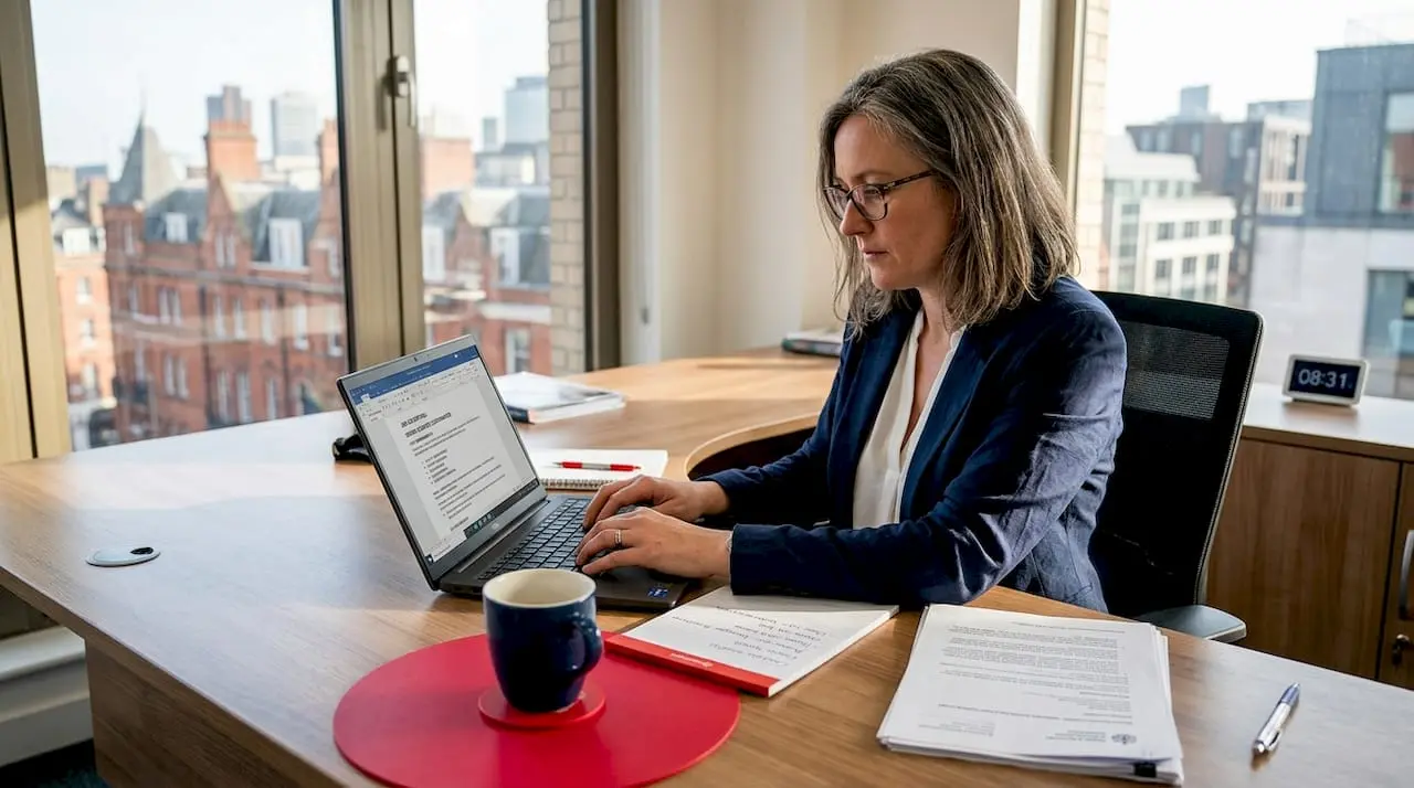 Transport manager preparing job description in office