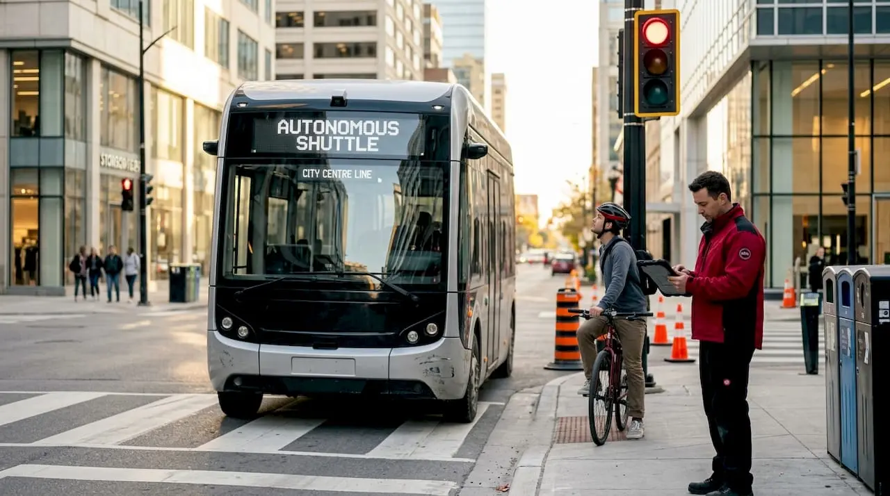 Autonomous bus in urban street setting