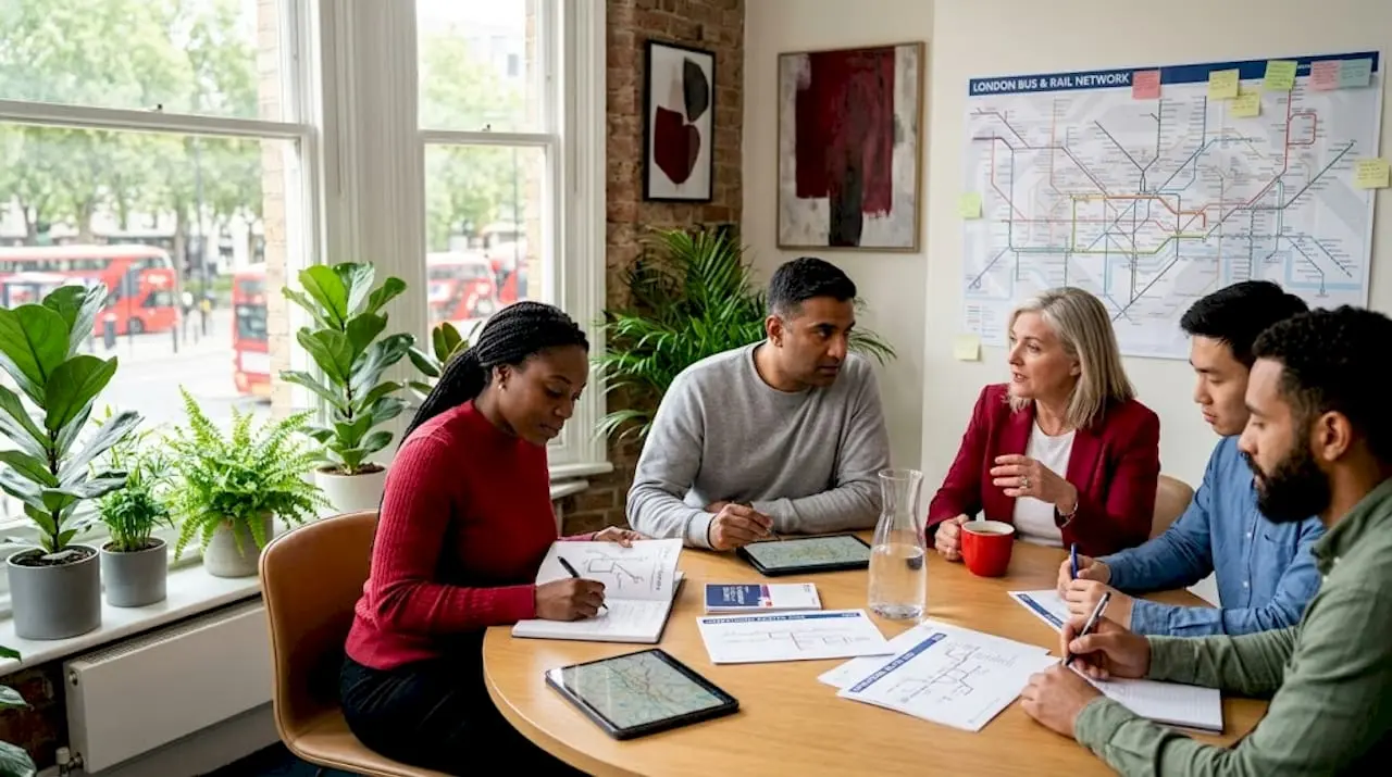 Diverse transport team working in office
