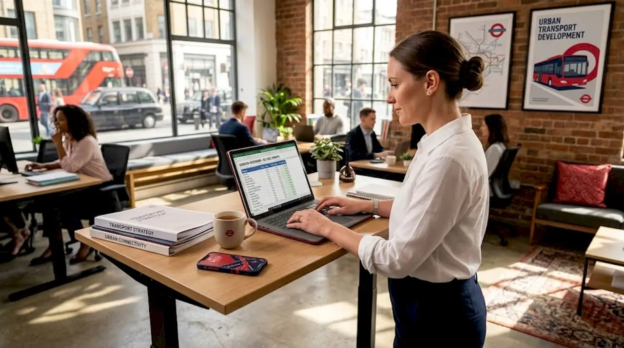 Female transit planner working at desk