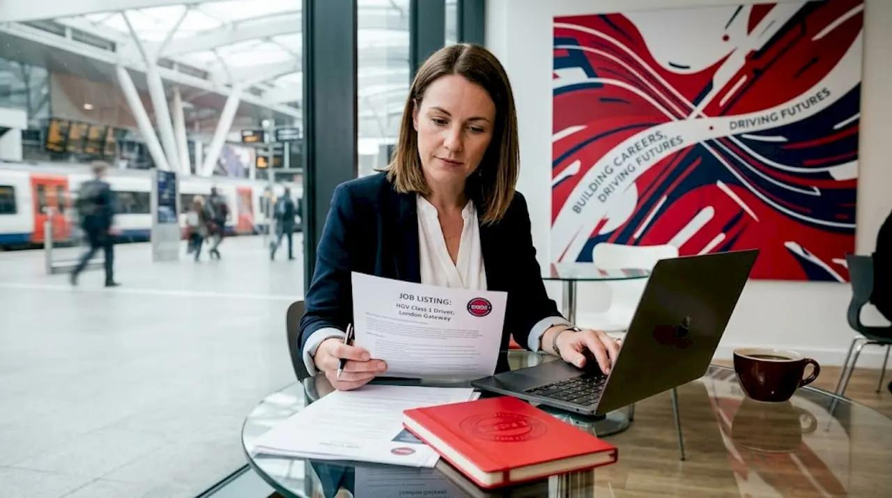Manager reviewing transport job listing in office