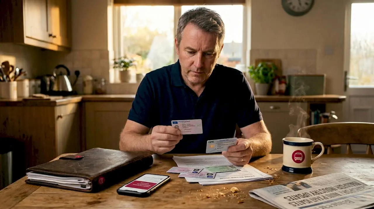 Driver checking UK licence and CPC paperwork