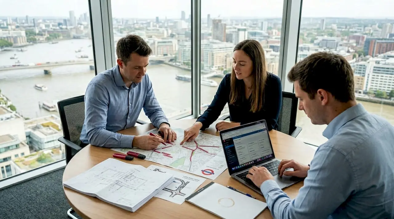 Transport engineers collaborating with site maps