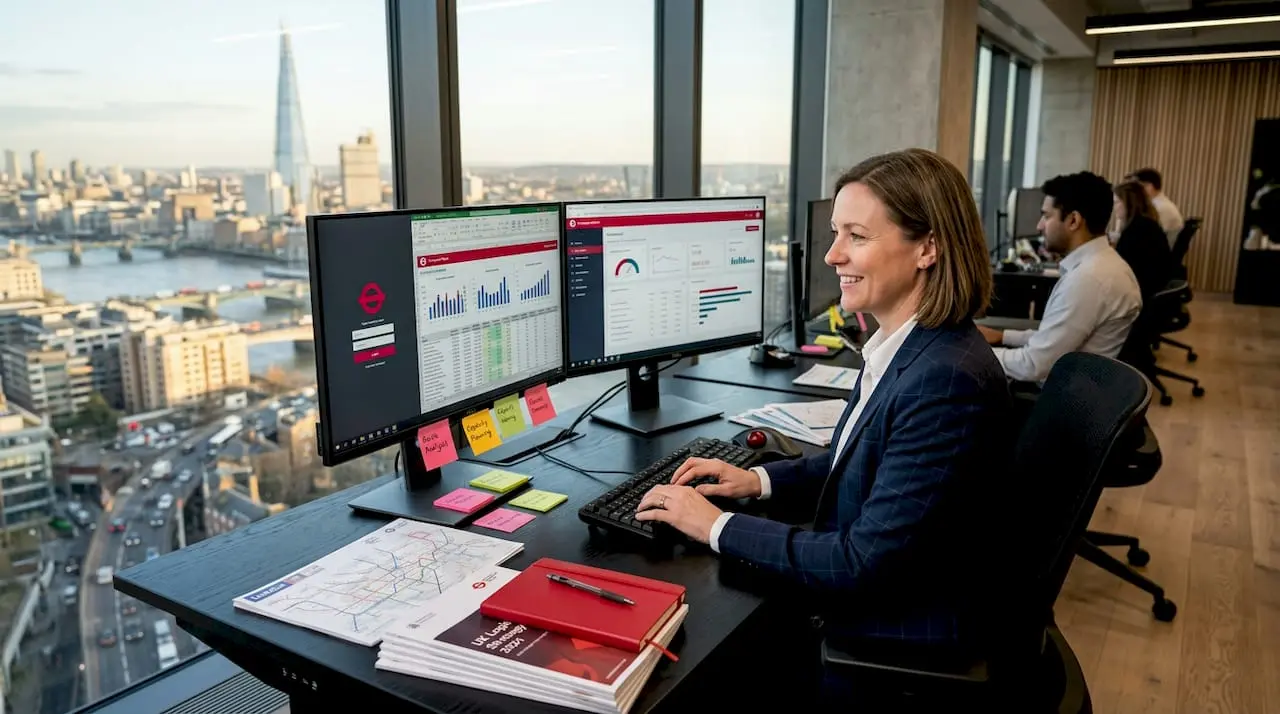 Transport consultant at desk reviewing maps and spreadsheets