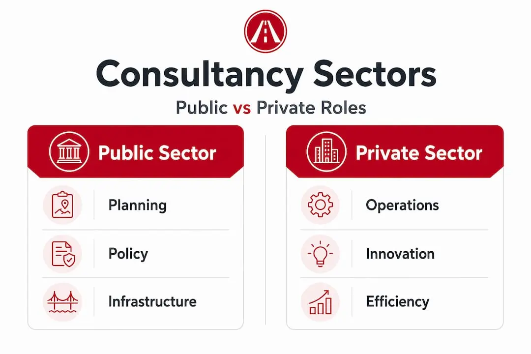 Infographic comparing public and private sector transport consulting