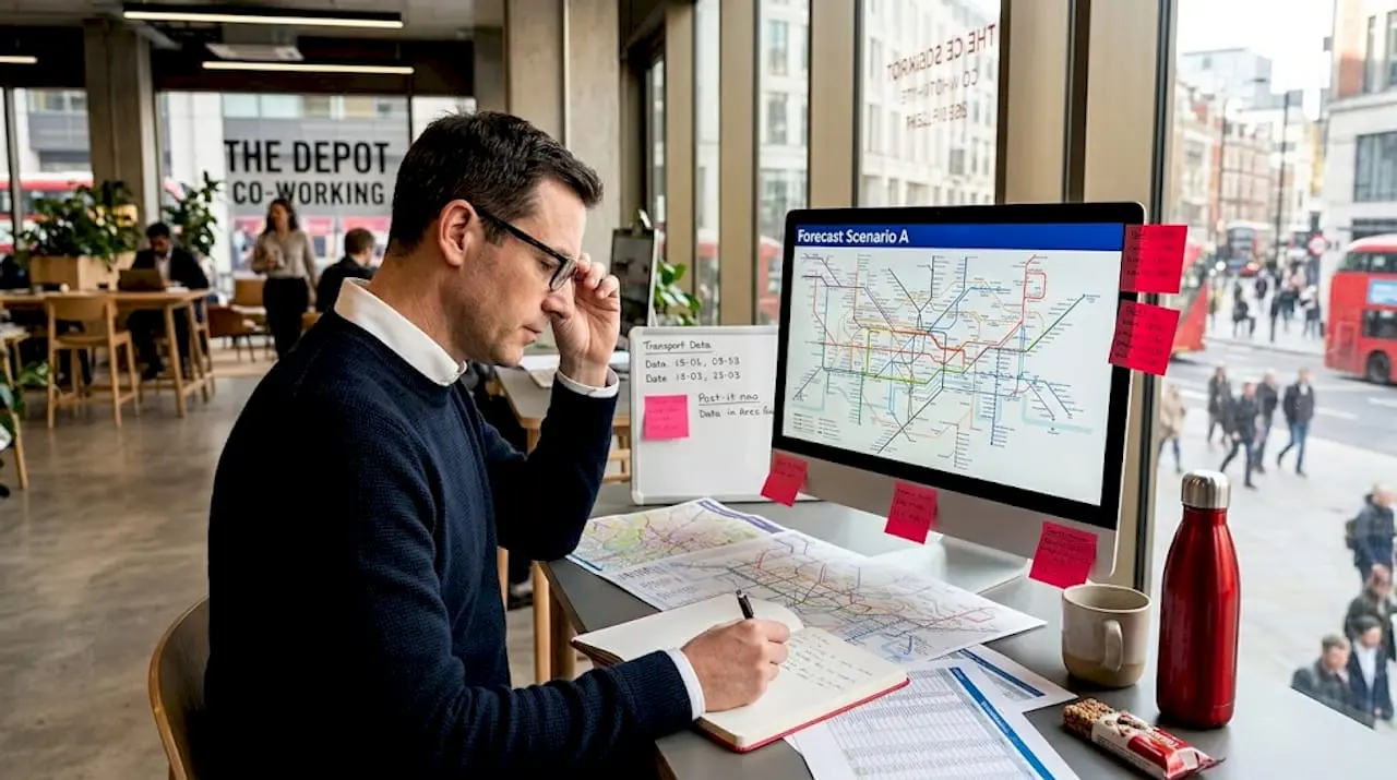 Transport planner reviewing maps in city office