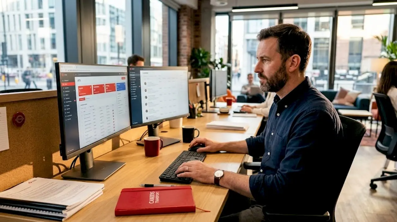 Recruiter sorts CVs on dual screens in office