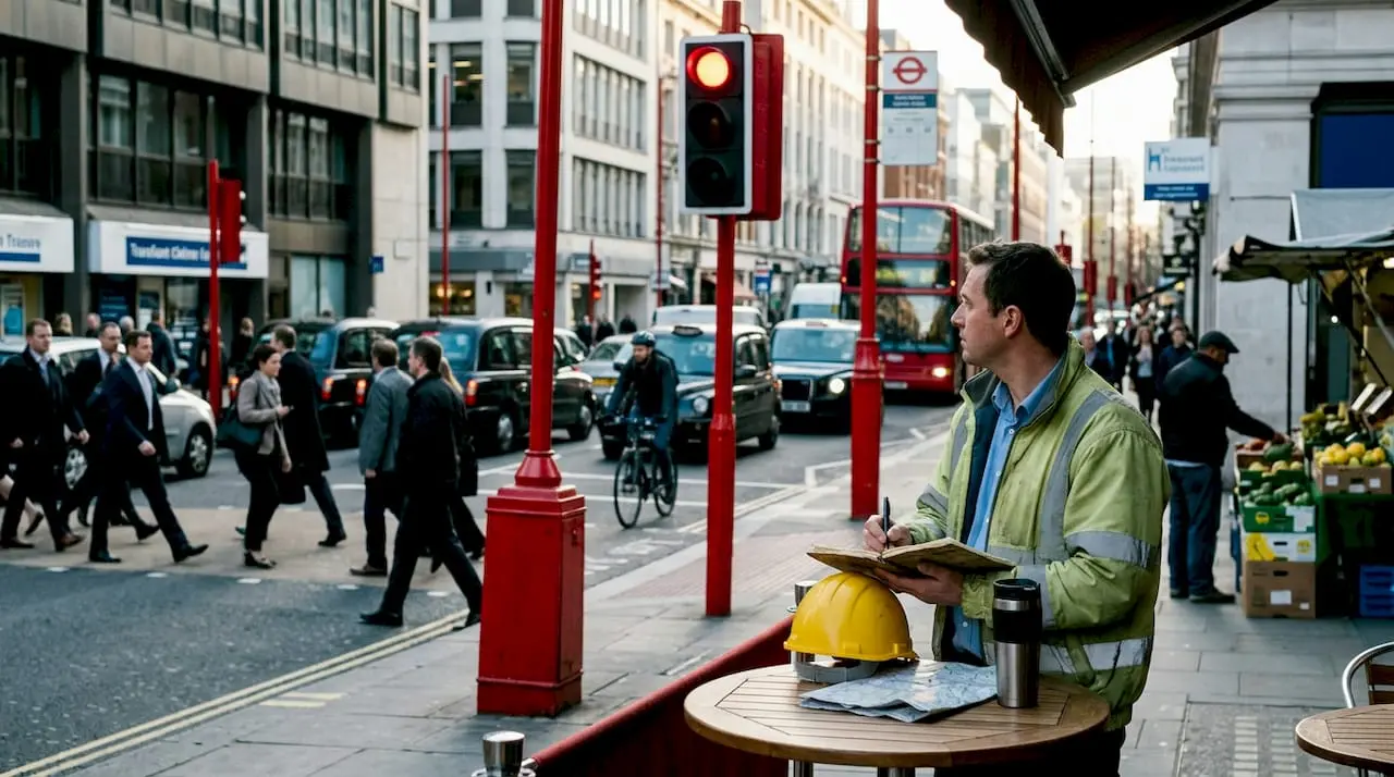 Engineer observing busy urban traffic signals