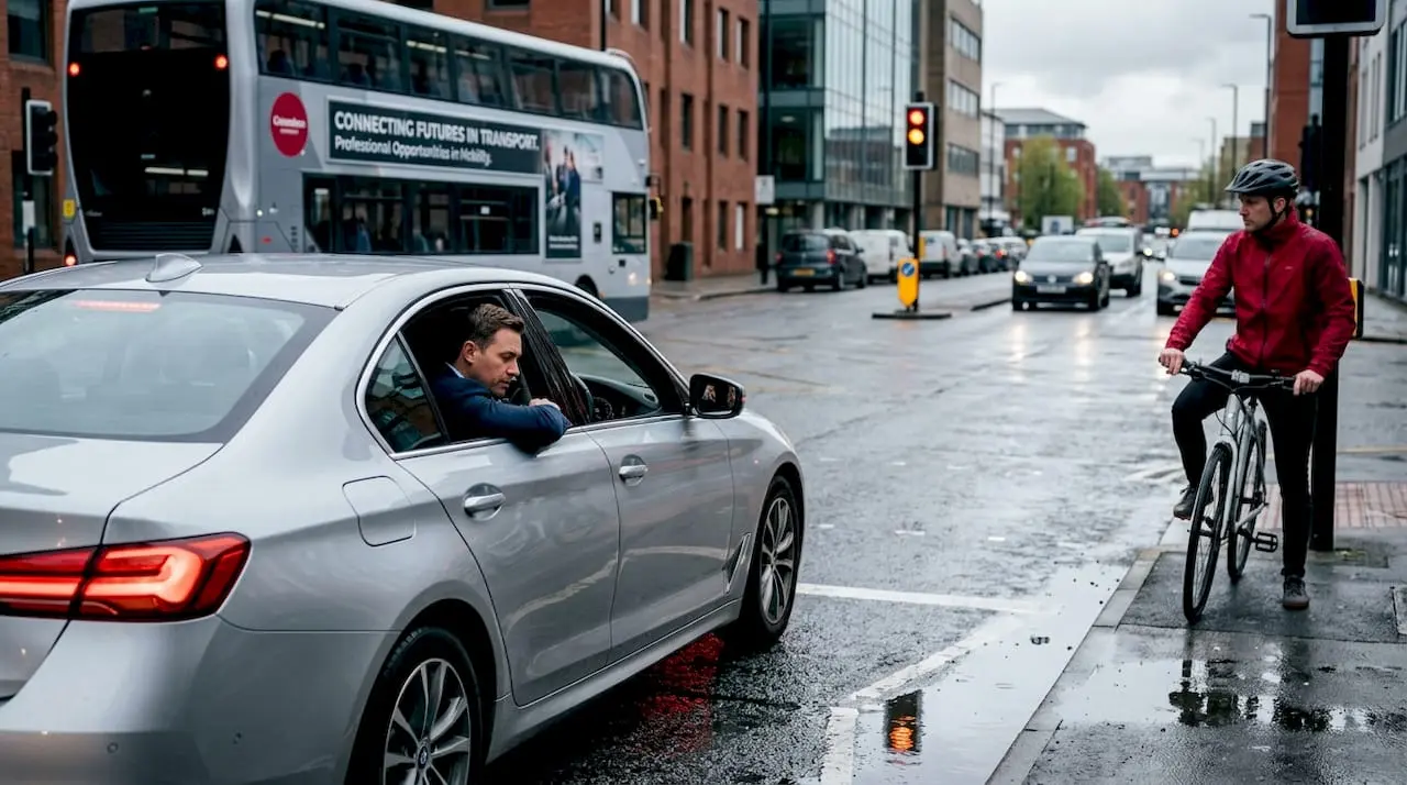 Cars and cyclist waiting at red signal