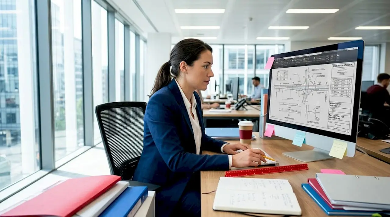 Engineer reviews highway design drawings in office