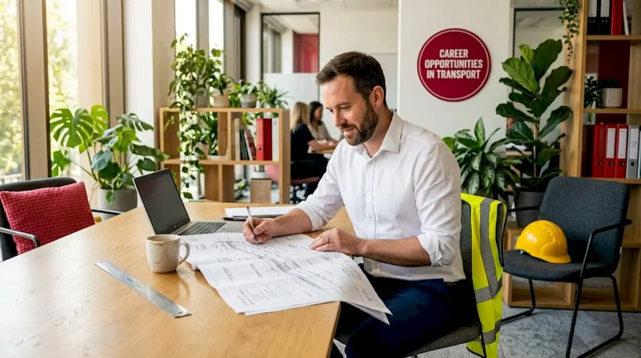Engineer reviewing highway plans at office desk