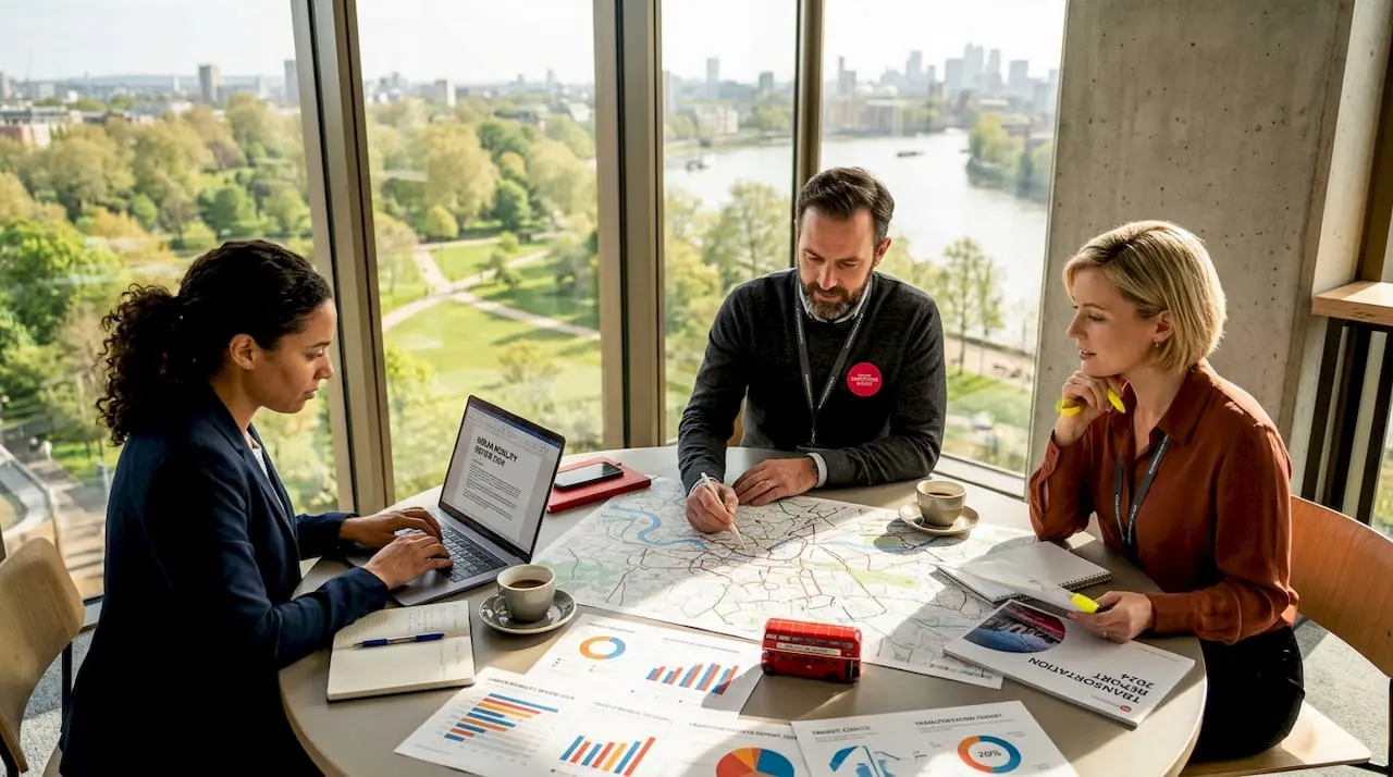 Planners collaborate in corner office workspace