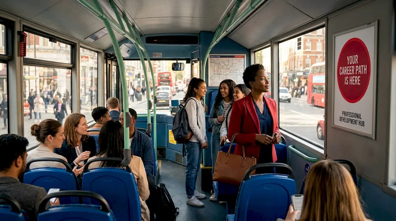 Commuters riding city bus on weekday morning