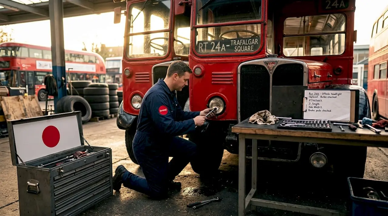 Mechanic repairing bus in maintenance garage