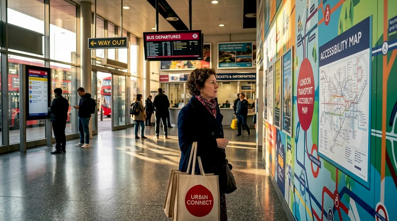 Woman reading accessibility map in subway station