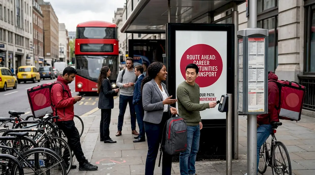 Commuters waiting at busy urban bus stop