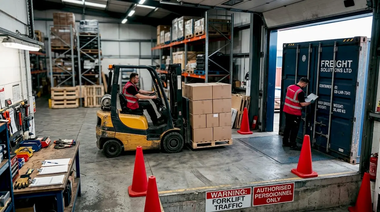 Workers managing transport loading dock hazards