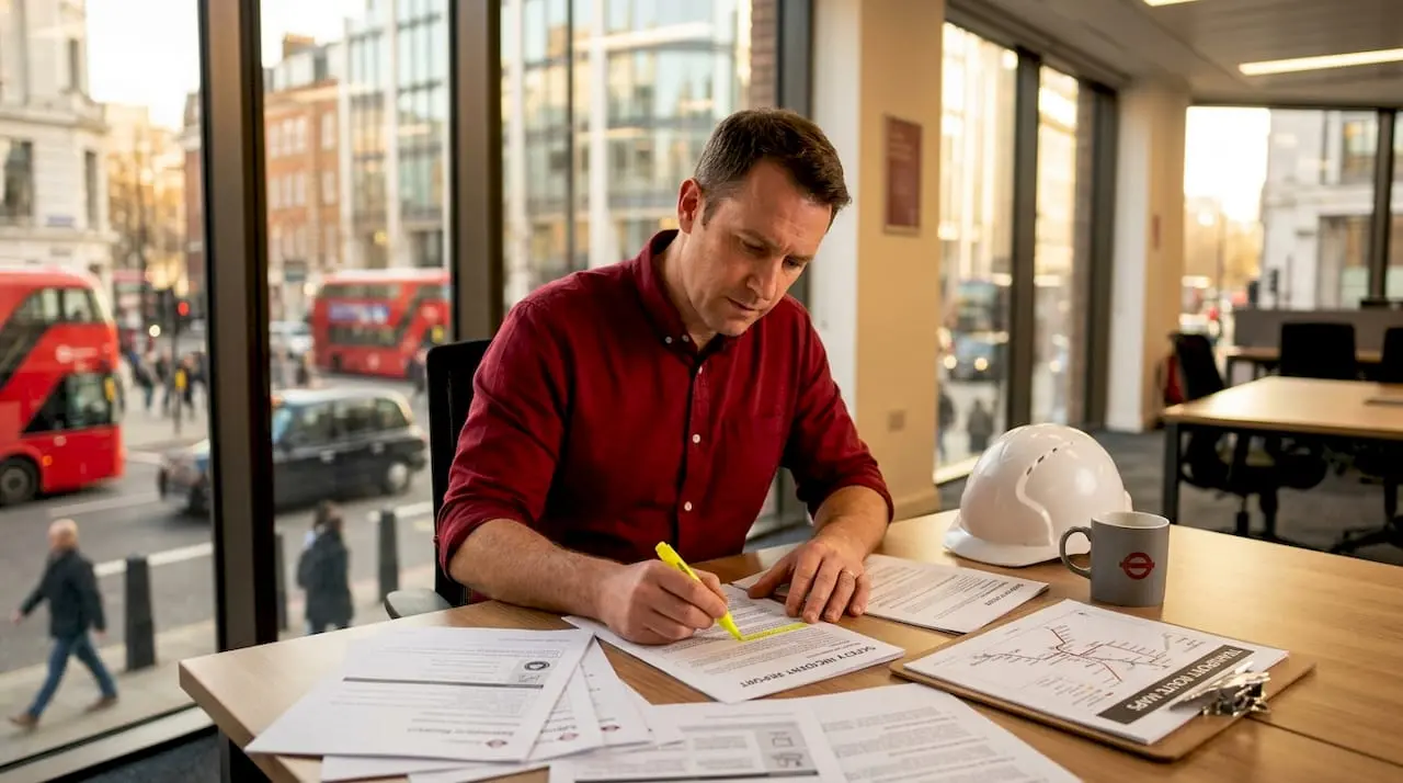 Transport safety officer reviewing reports at desk