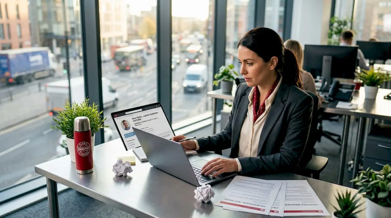 Transport HR manager reviewing resumes in office