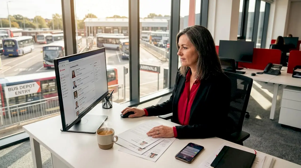 Recruiter reviewing transport candidate profiles at desk