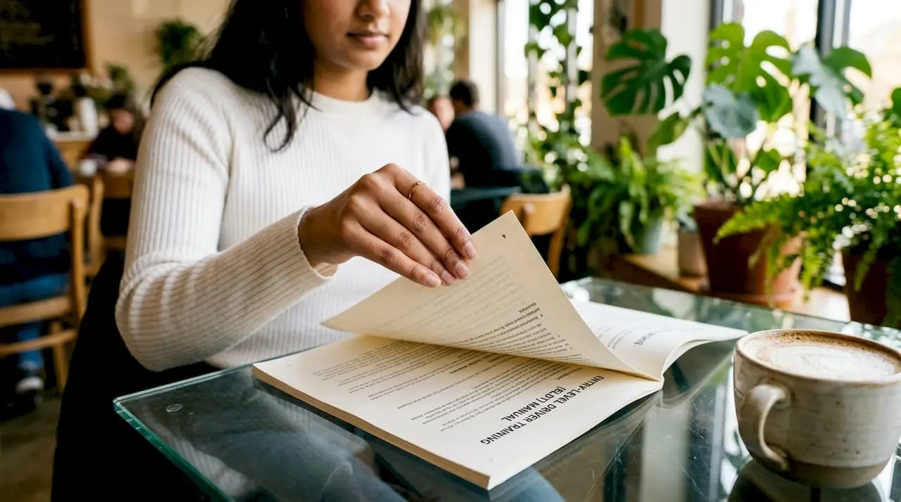 Hands flipping through ELDT manual pages