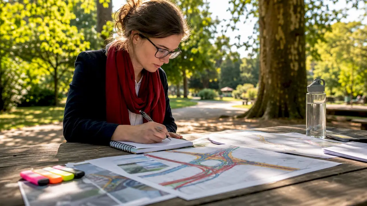 Traffic engineer reviewing road network diagrams