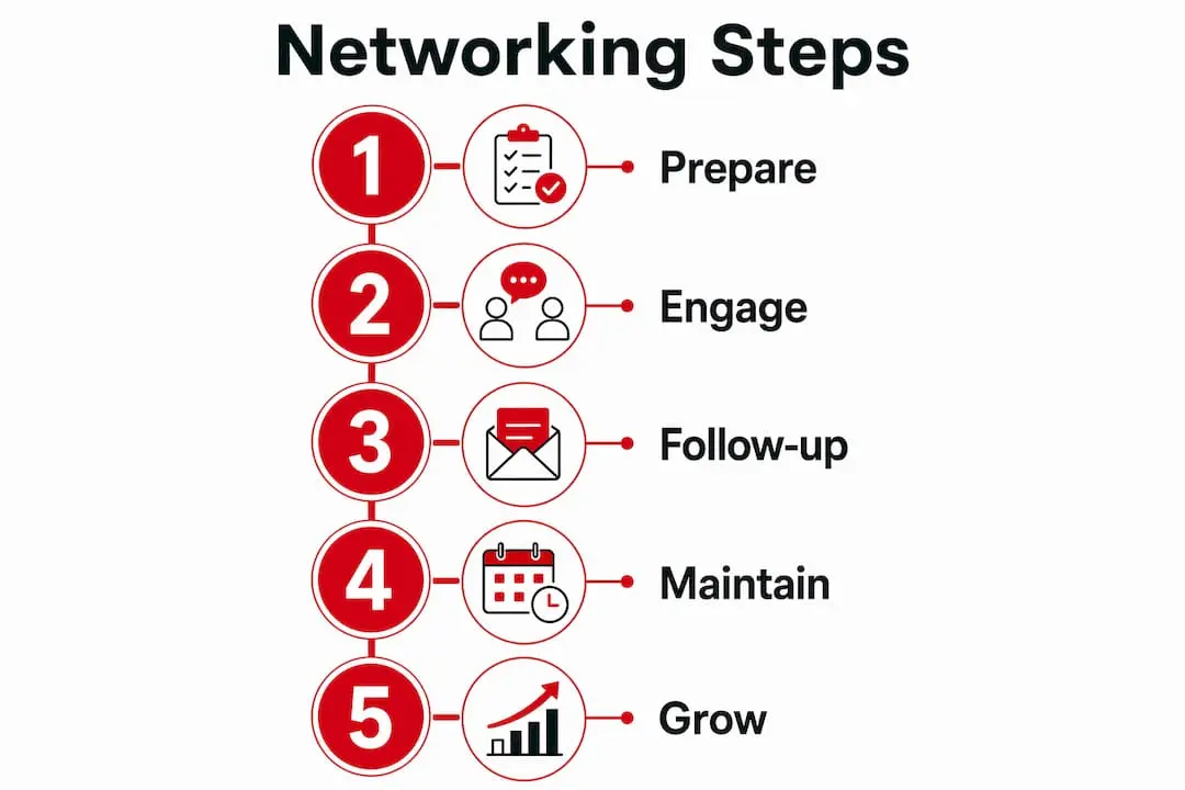 Infographic showing five networking steps in transport sector