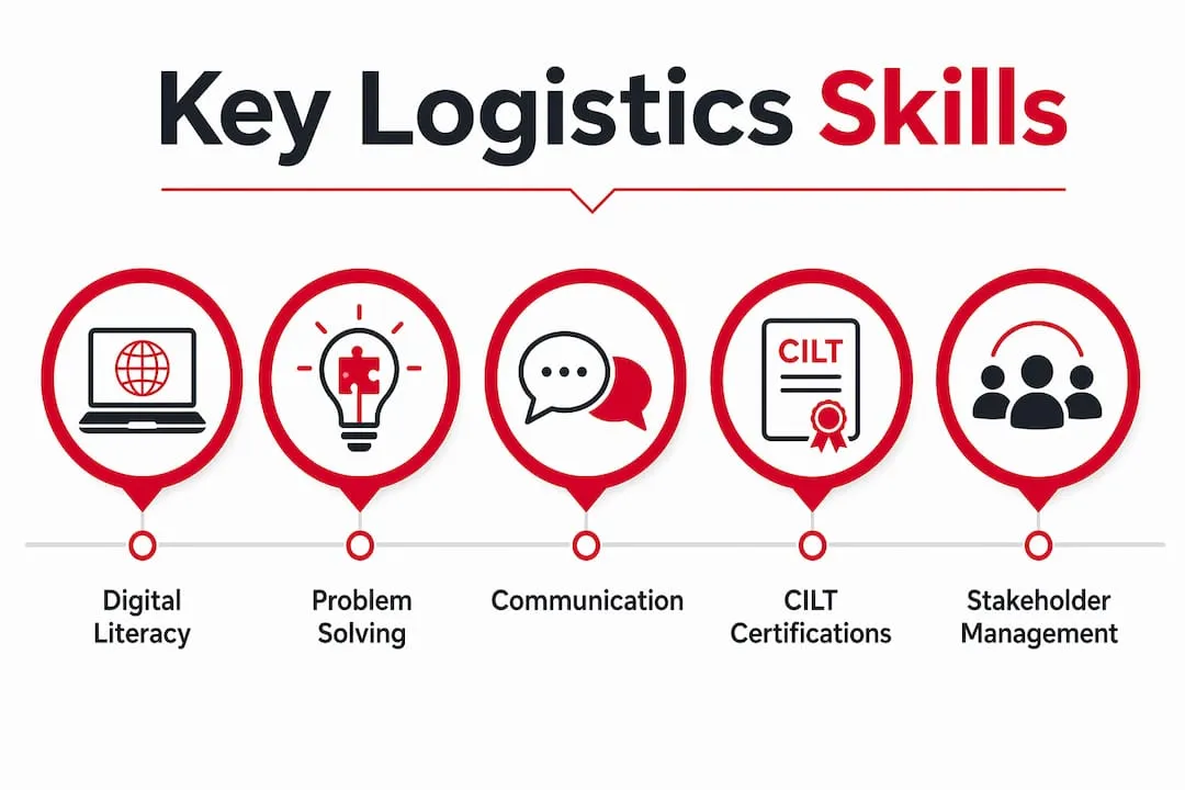 Infographic showing key skills and qualifications for logistics