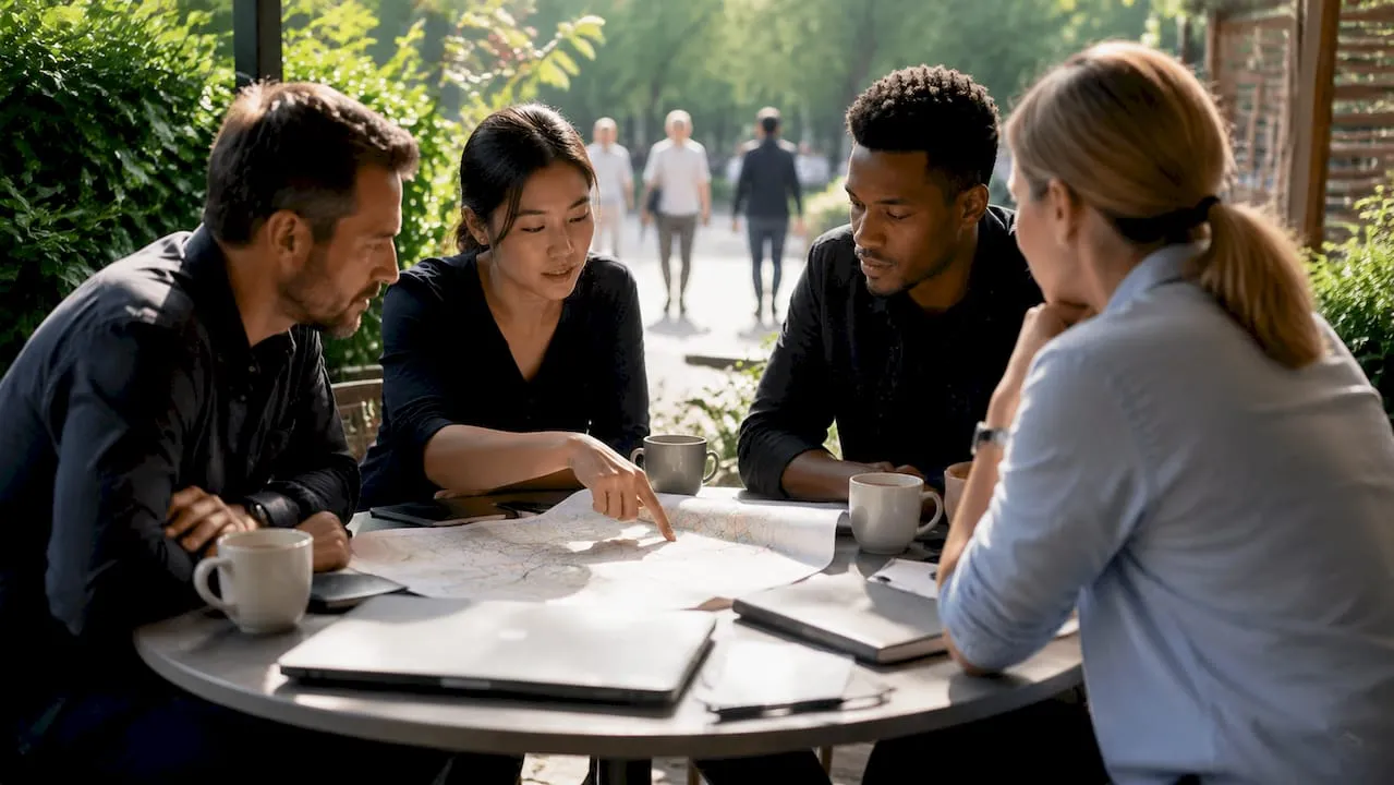 Transport team discussing routes at meeting table