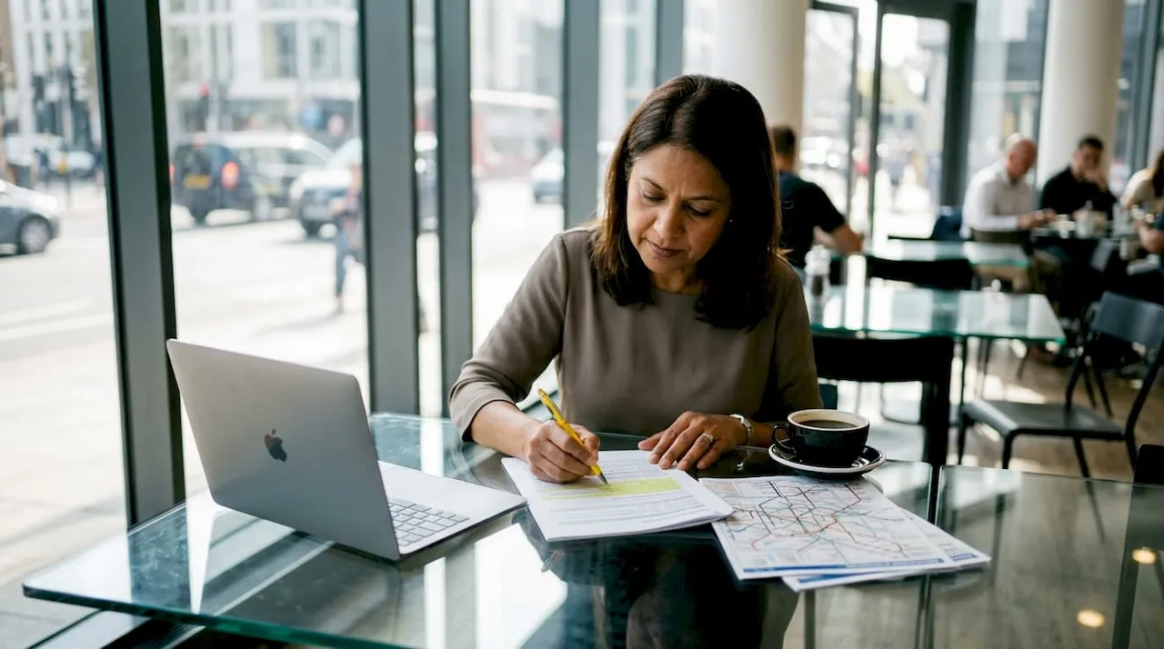 Transport risk manager reviewing reports in office