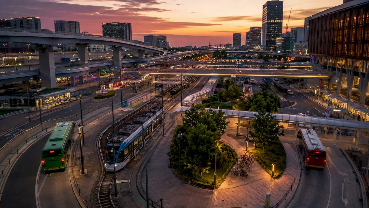 Aerial view of urban transport infrastructure nodes