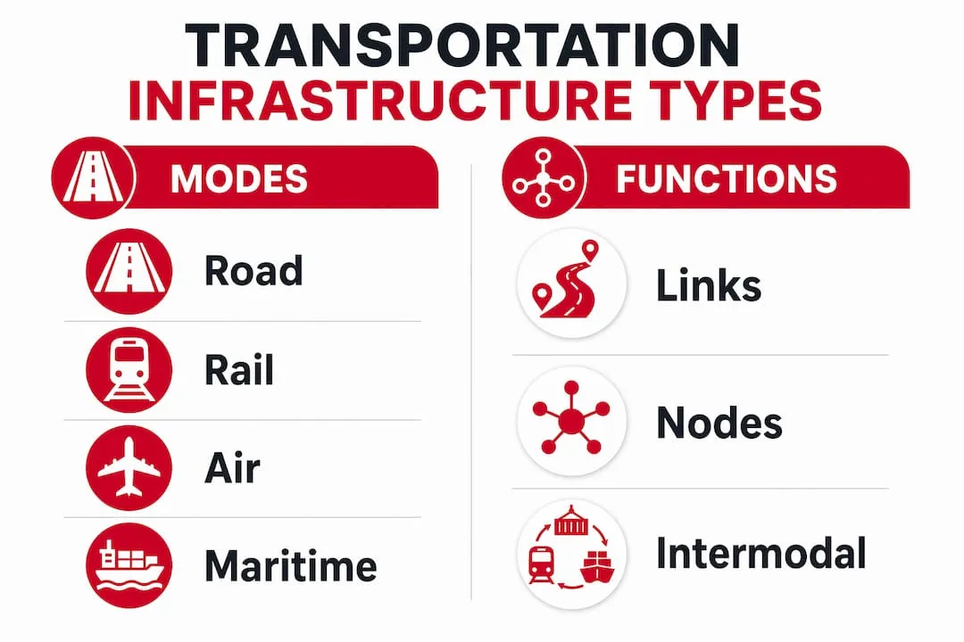 Infographic comparing transport infrastructure modes and functions