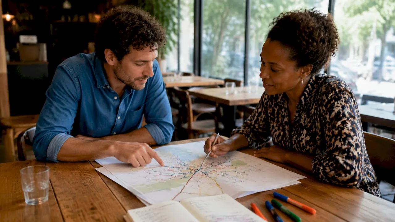 Hands over map analyzing multimodal transport routes