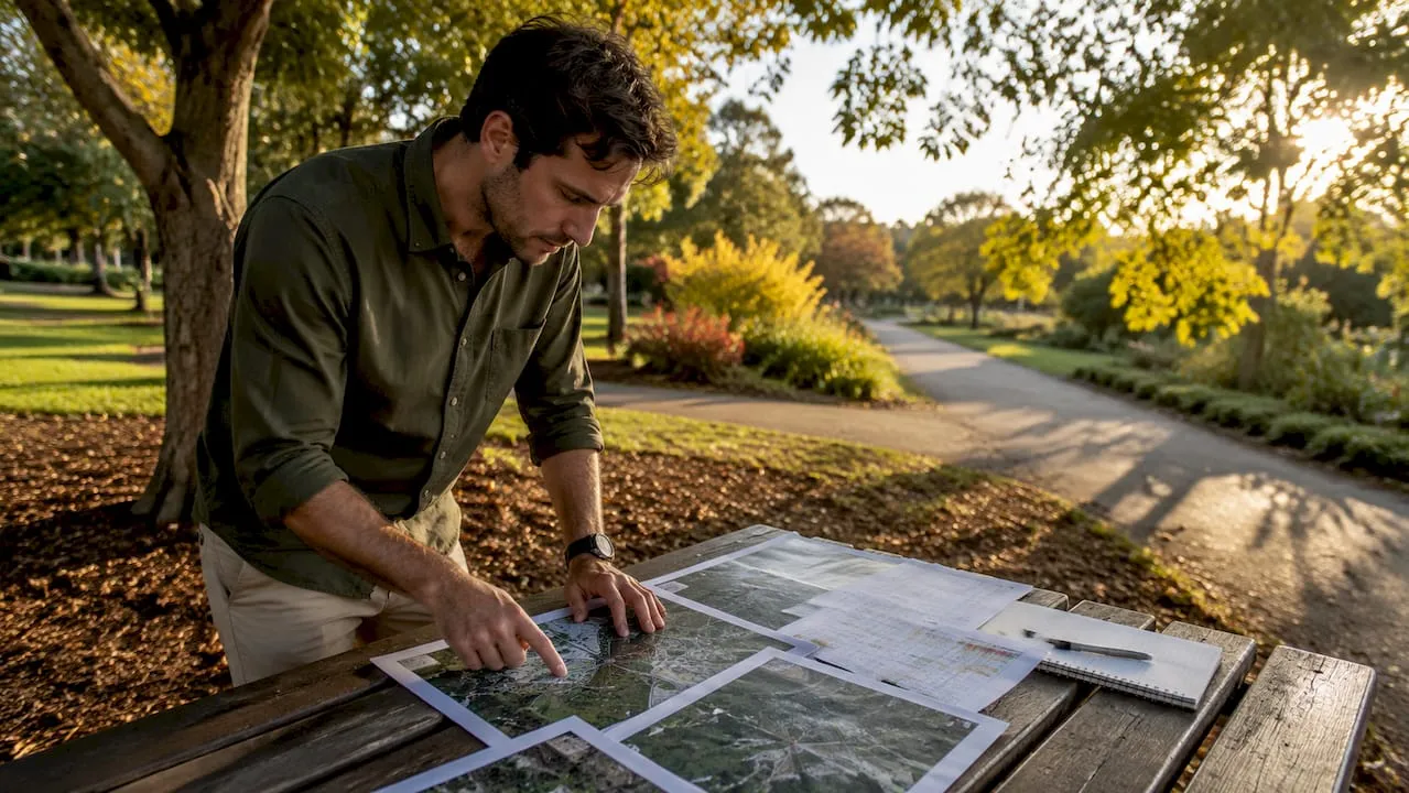 Transport planner reviewing GIS maps at desk