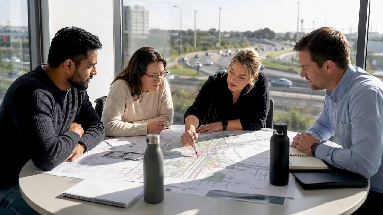 Transport engineers reviewing motorway plans