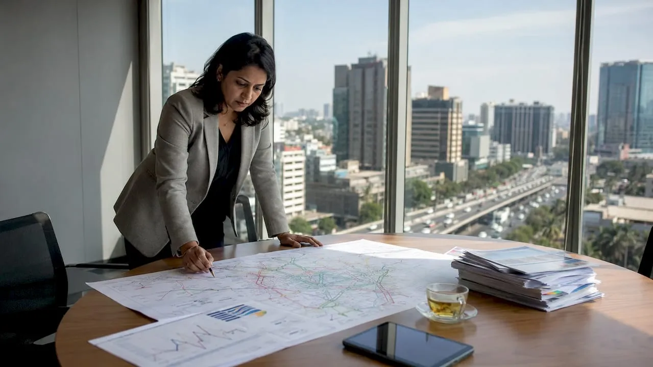 Transport planner analyzing printed traffic maps