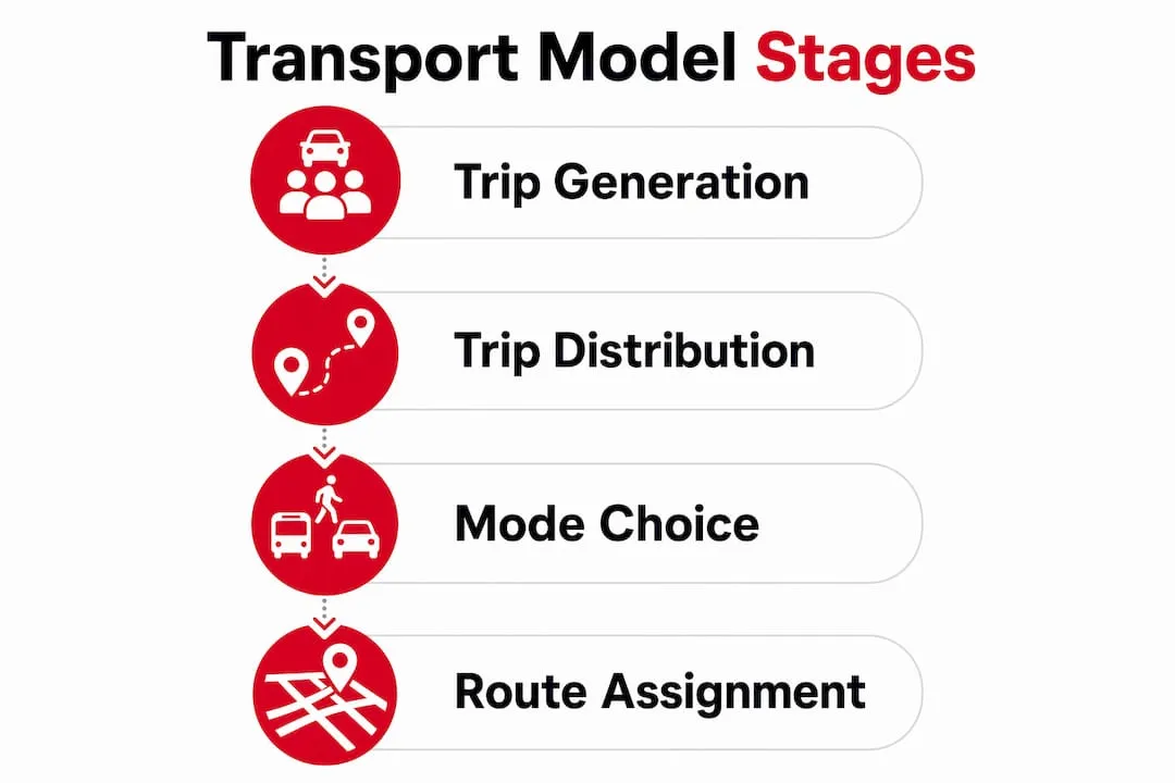 Infographic depicting four stages of transport modelling