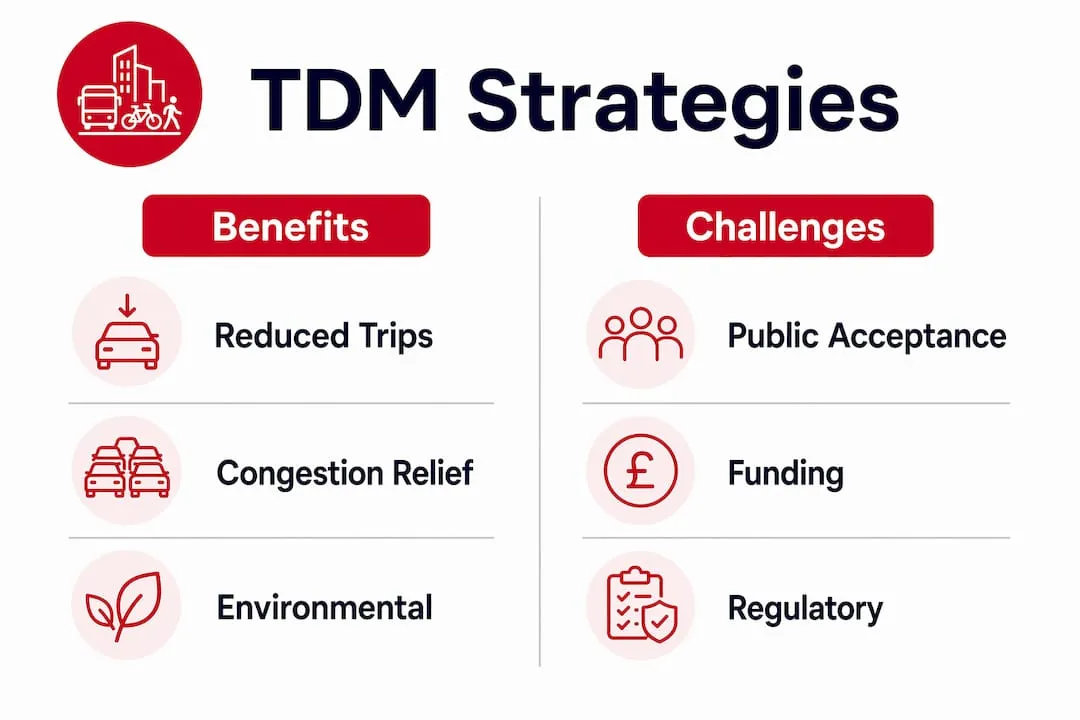 Infographic comparing TDM strategies' benefits and challenges