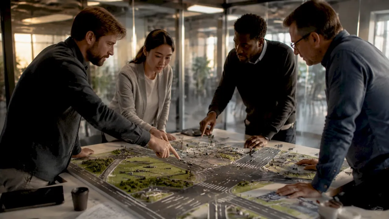 Team discussing traffic flow road network model