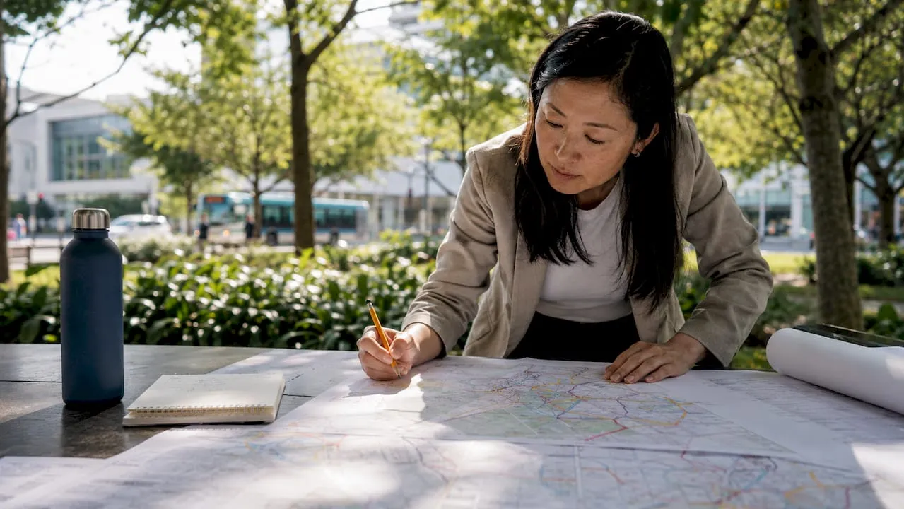 Transport engineer reviewing network planning maps