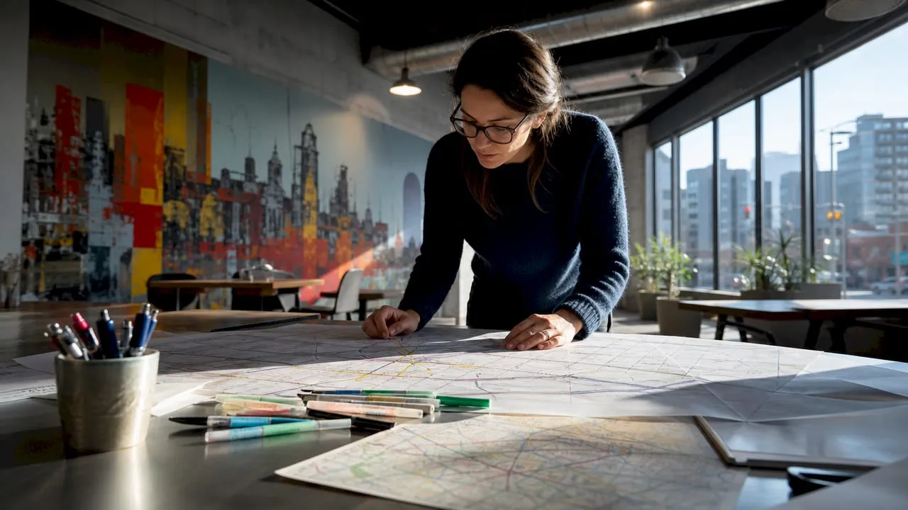 Urban planner studying transit maps at office table
