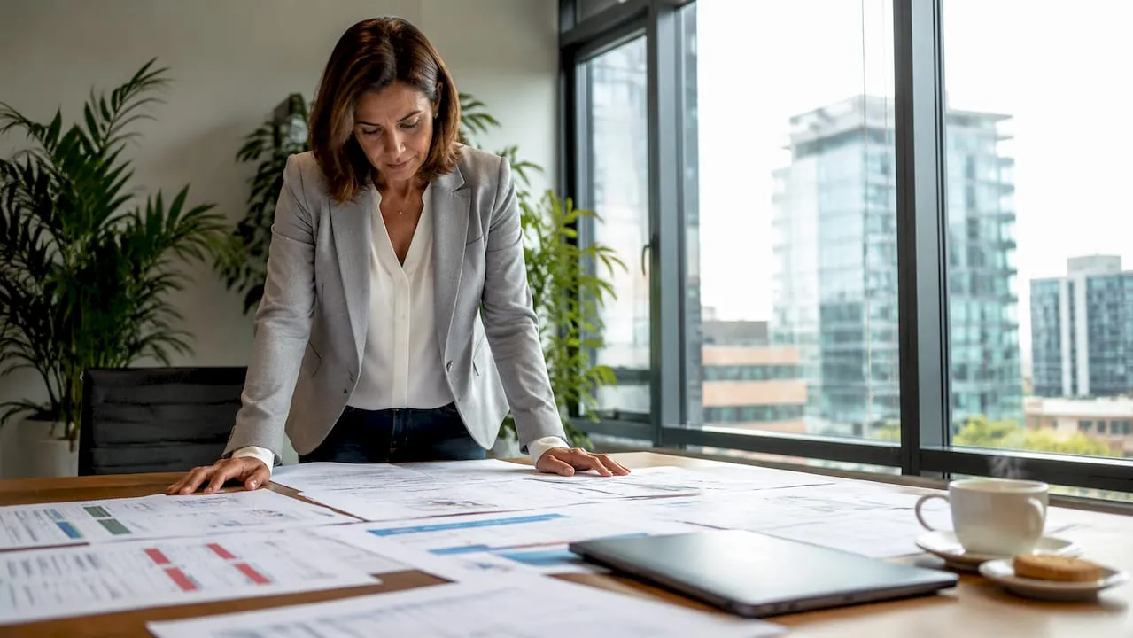 Public transport manager reviewing documents at desk