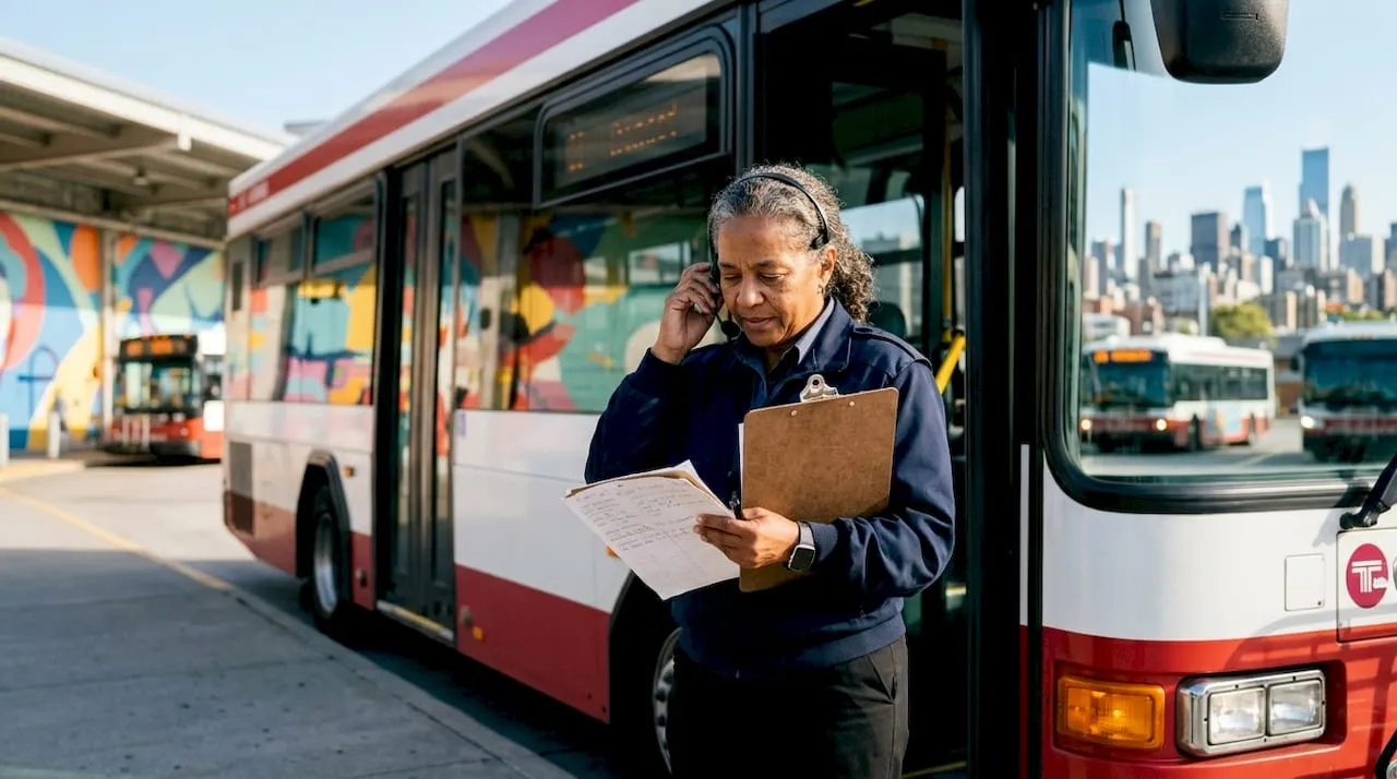 Female bus driver adjusting headset in transit cabin