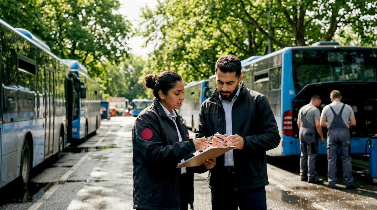 Transport supervisors discussing driver shortages outdoors