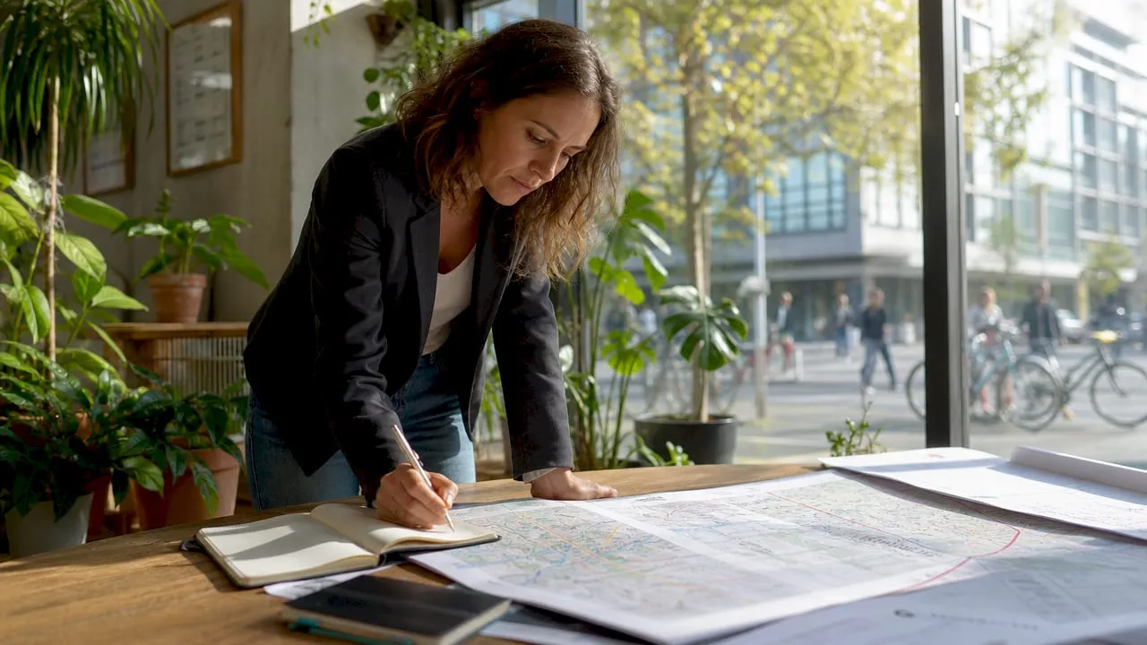 Urban planner reviewing traffic maps in office