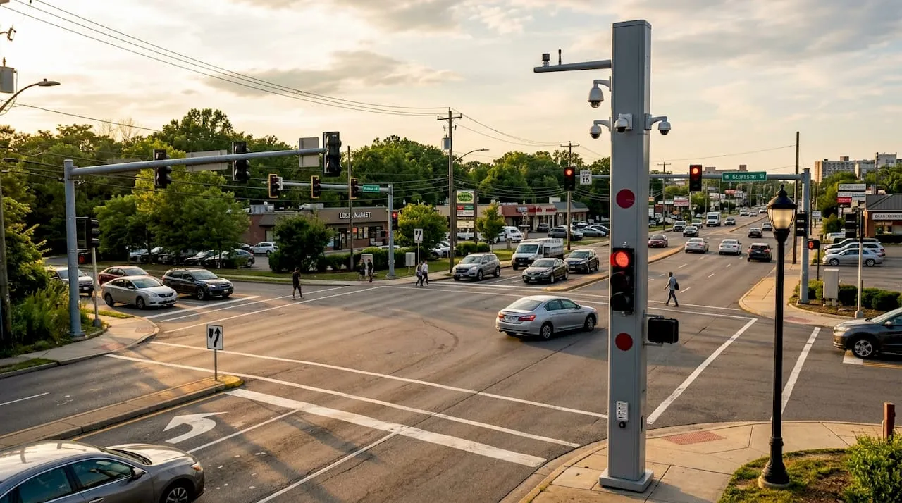 City intersection with traditional and smart traffic signals